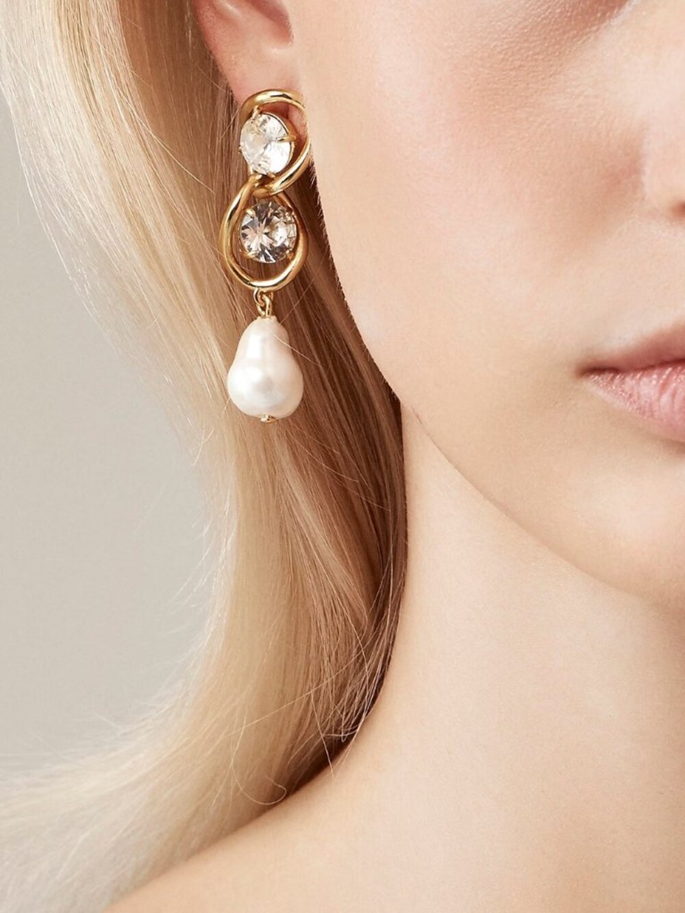 J.Crew Gold Crystal & Pearl Chain link Drop Earrings - Picture 2 of 9